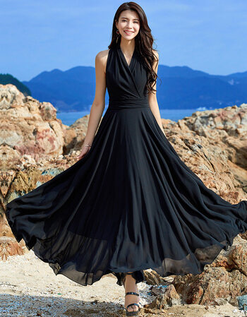 连衣裙女修身显瘦波西米亚长裙沙滩裙拖地大摆裙品质新款 黑色送丝巾