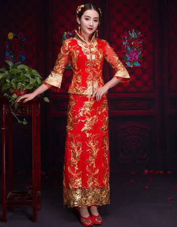 夏季秀禾服2018新款中式婚纱礼服新娘红色敬酒服旗袍修身嫁衣 高领中