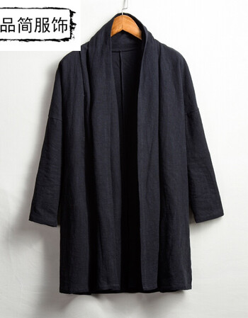 服装披风外套斗篷装中国风男装棉麻衣亚麻风衣中长款大衣大氅 黑色