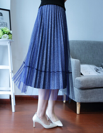 西原美 百褶裙女 半身裙 中长款纱裙a字裙高腰大摆仙女裙子 长裙淑女