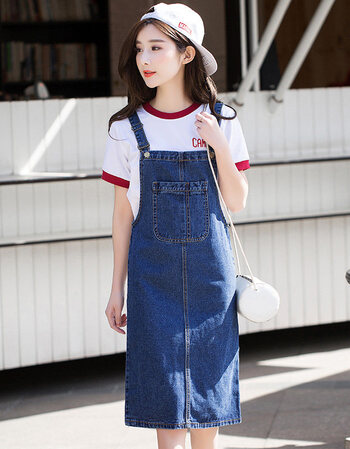 牛仔背带裙女春2018新款半身长裙韩版高腰时尚中长款ins超火裙子 蓝色