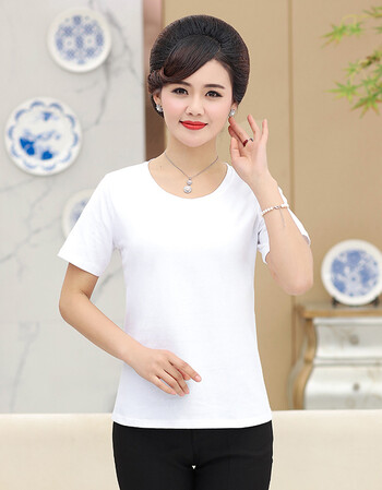 中老年女短袖上衣夏装大码全棉妈妈装新款百搭圆领套头t恤衫 pw 白色