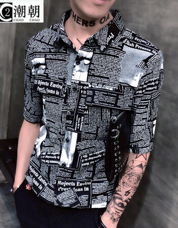 c2潮朝发型师潮流中袖花衬衣时尚型男韩版修身七分袖个性印花报纸衬衫