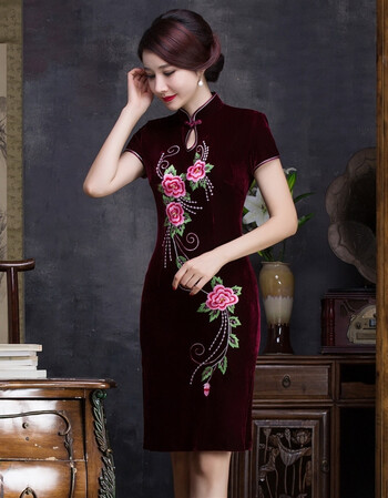 高端贵气女装短款修身 旗袍连衣裙 7131酒红短袖 xxl【图片 价格 品牌