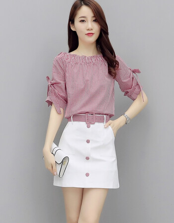 时尚套装裙子女短袖夏装2018新款半身短裙韩版两件套一字肩连衣裙