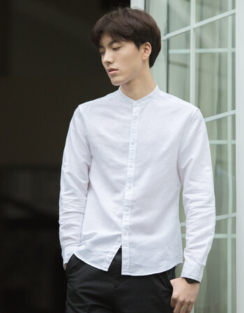 立领衬衫男长袖韩版修身亚麻白衬衫小清新棉麻寸衫圆领休闲衬衣夏