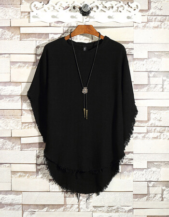 圆领中国风蝙蝠袖宽松原宿风polo衫男 个性棉麻毛边短袖t恤潮 黑色 s