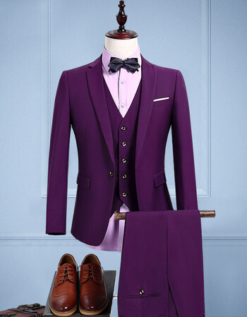 婚礼服伴郎新郎西服套装男士商务西装三件套修身韩版职业正装 紫色
