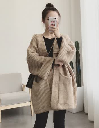 新款女装2018宽松加厚中长款网红慵懒风毛衣女针织开衫外套 卡其色