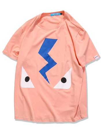 潮牌大码情侣款百搭上衣加肥加大胖子宽松休闲闪电印花短袖t恤潮 粉色