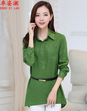 卓姿澜2016春装棉麻长款衬衫女 绿色 m