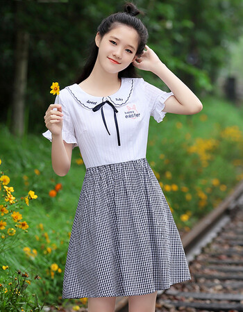 2018夏装新款小清新连衣裙初中高中学生韩版中长款短袖裙子女 白色 l