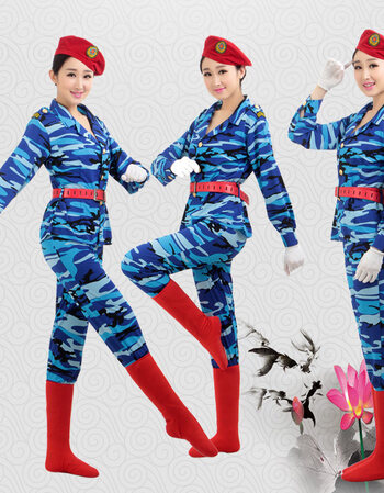 军鼓服装套装女演出服 长袖军装迷彩 女兵舞蹈广场舞服装 蓝色 s