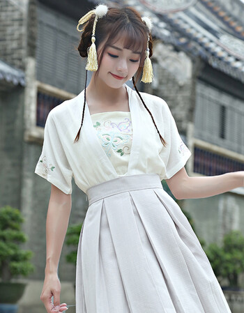 实拍刺绣汉元素半臂&带&短褶裙 风改良汉服 日常春夏 灰裙 白吊带 半
