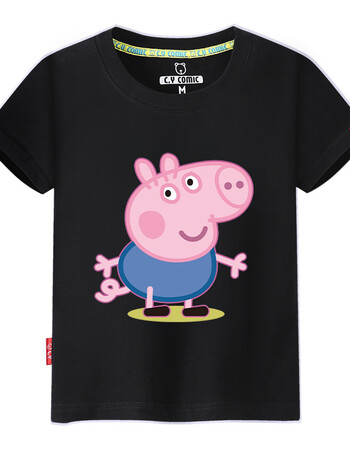 购粉红猪小妹小猪佩琪佩奇女孩卡通衣服 纯棉t恤短袖男孩儿童 黑色 80