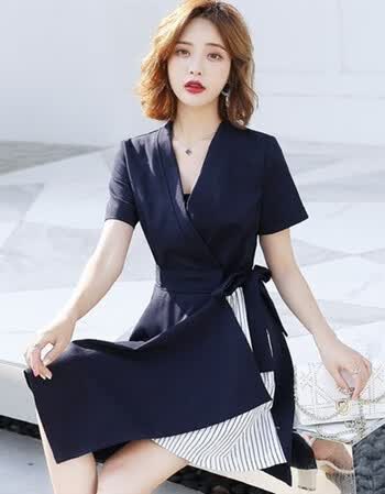 女2018夏季女装新款时尚v领短袖气质淑女修身连衣裙配腰带 藏青色 xl