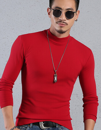 男士秋季半高领打底衫男 修身色紧身中领长袖t恤男装秋衣服 红色 2xl
