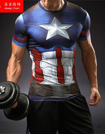 紧身衣男锻炼健身训练服速干跑步蝙蝠侠弹力运动短袖t恤 新美国队长3