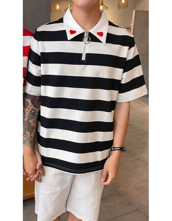 学院风韩国情侣初高中生条纹短袖t恤polo衫班服品质定制 黑条男套装 s