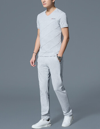 2018新款男休闲运动套装男夏运动装男韩版潮流修身短袖长裤两件套 花