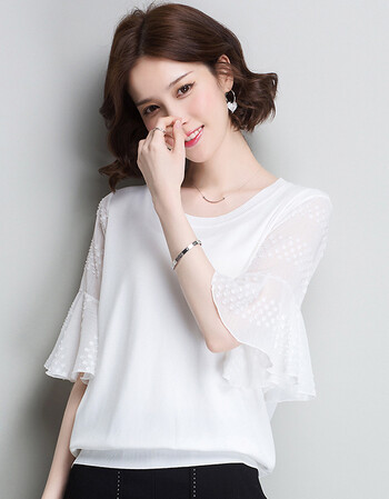 雪纺衫女短袖2018夏装新款时尚宽松韩版小清新甜美上衣小衫 白色 l