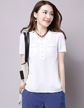女装夏装夏天2018新款潮v领棉麻t恤女短袖短款麻料上衣衬衫文艺 白色