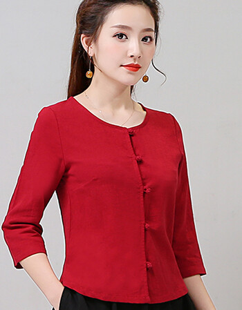 2018春季 民族风百搭复古中袖 盘扣棉麻上衣女亚麻t恤 红色 m