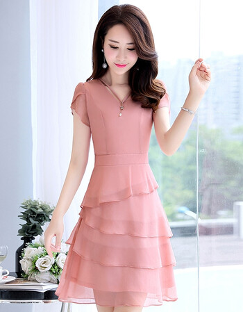 夏季雪纺连衣裙女2018新款群618女装短款小矮个子显高夏天蛋糕裙 粉色