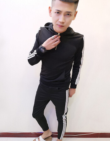 男卫衣社会精神小伙长袖裤子两件套新品 三杆连帽长袖黑 三杆裤黑色