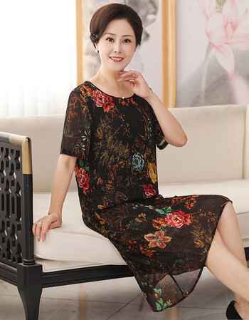 妈妈装夏装真丝连衣裙中年女装高贵过膝中老年桑蚕丝裙子2018新款