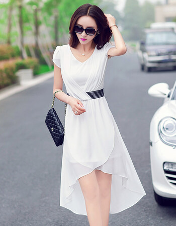 前短后长连衣裙女夏2018新款韩版修身显瘦中长款不规则雪纺燕尾裙