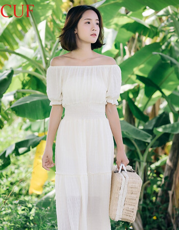 cuf 香港潮牌裙子文艺收腰一字肩连衣裙2018新款少女心仙女裙裙夏 米