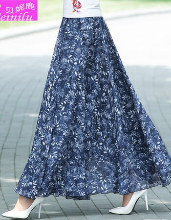 贝妮鹿2018新款雪纺半身裙夏女长裙蓝色大摆沙滩裙大码高腰长款碎花