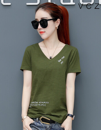 2018新款短袖t恤女装纯棉时尚v领宽松显瘦体恤打底衫学生上衣 墨绿色