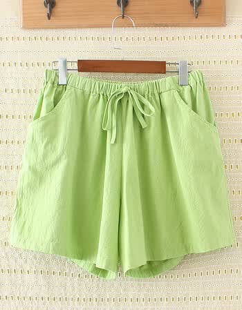 加肥加大松紧腰宽松棉麻短裤纯色百搭透气休闲裤阔腿热裤夏01b 浅绿色