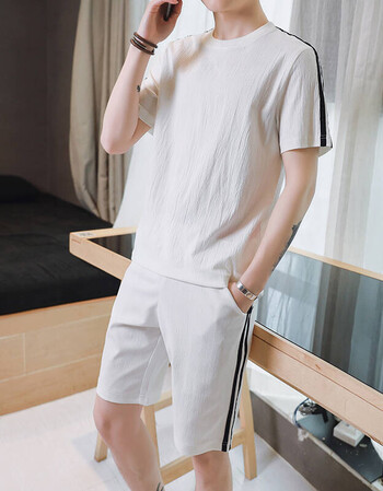 夏季男士短袖短裤套装男休闲衣服半袖圆领体恤两件套 白色 xl