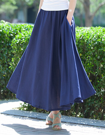 侈町2018新款女装韩版半身裙夏a字裙棉麻裙子 深蓝色 90cm