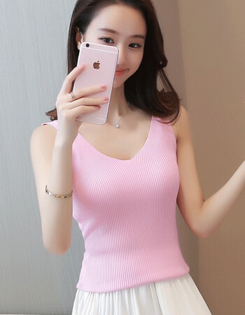 春夏装新款女装 修身波浪v领性感无袖针织打底衫吊带小背心女 v领粉色