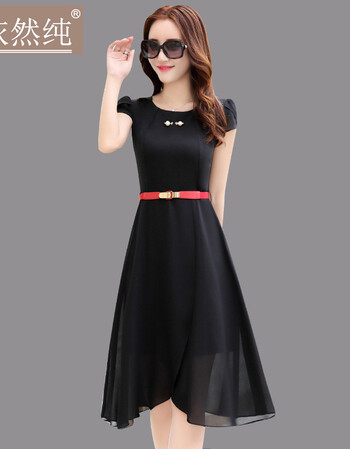 雪纺连衣裙女春装2018新款流行女装韩版修身气质燕尾服短袖裙子夏