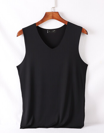 男士背心青年透气冰丝v领运动打底超薄无痕一片式紧身修身汗衫潮 黑色