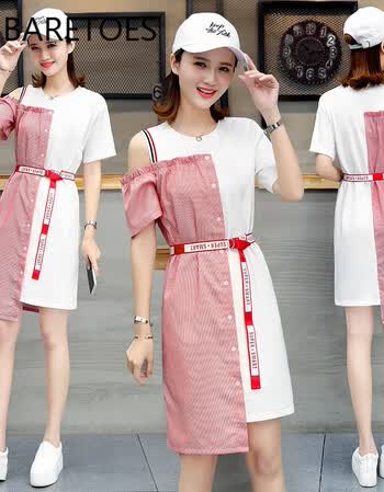 夏季新款潮拼接女装条纹不规则个性少女裙子 红色 s【图片 价格 品牌