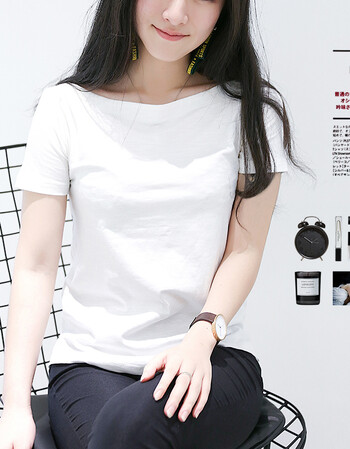 珂梵图韩版宽松一字领露肩短袖t恤衫百搭精梳丝光绵上衣色打底衫女夏