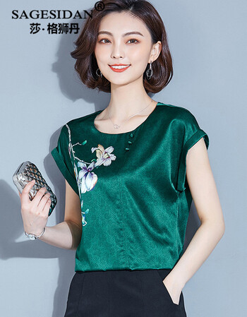 莎格狮丹品牌女装宽松大码印花桑蚕丝上衣2018夏季新款真丝t恤女短袖