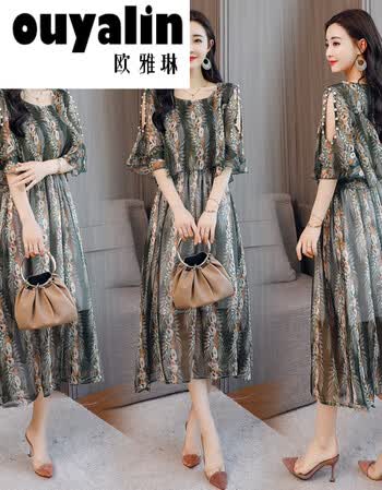 长裙女夏装2018新款修身长款露肩碎花连衣裙 草绿色 m