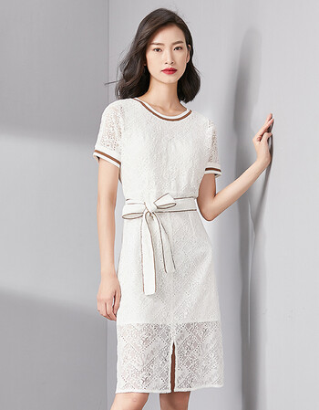 法莎尼亚轻奢品牌女装白色蕾丝连衣裙女2018新款夏季镂空优雅短袖收腰