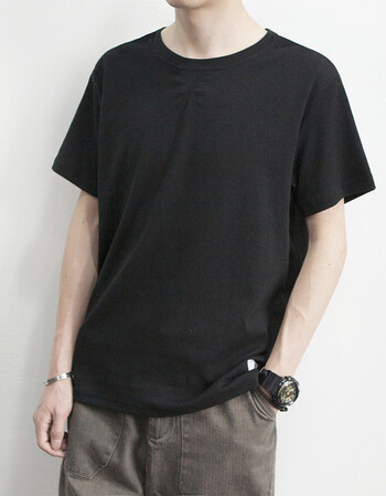 夏季新款日系复古文艺纯色t恤男装棉针织短袖t男青年休闲汗衫 黑色