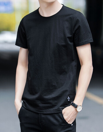 夏季纯色男式短袖韩版修身青年简约打底衫圆领t恤男士潮流体桖男 黑色