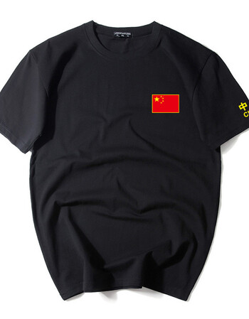 纯棉大码胖男短袖爱国t恤旅游休闲班服训练服夏季运动上衣 黑色国旗 m