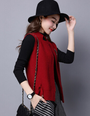 毛线马甲女秋冬天背心短款外套百搭韩版外搭开衫针织无袖马夹 酒红 xl