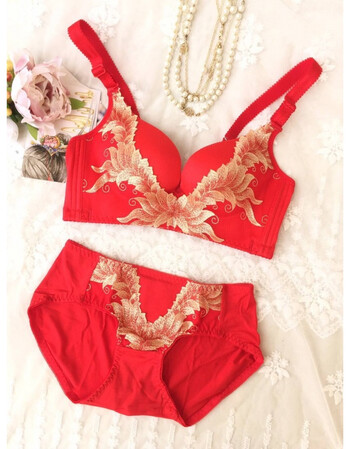 旗舰店本命年新娘结婚大红刺绣无钢圈女内衣本命年文胸 红色【套装】